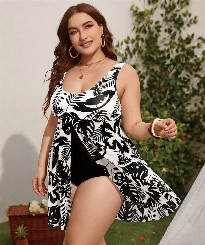 Plant Print Split Hem Monokini Flattering Plus Size One-piece Swimsuits for Women U-neck Summer Skirt Style Split Bathing Suit