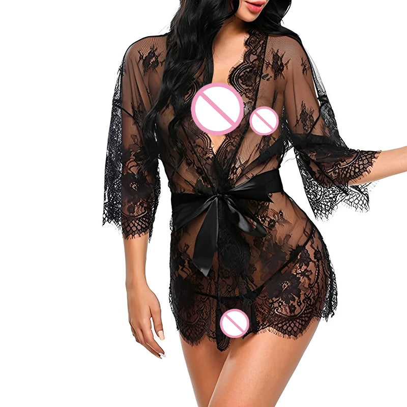 Lace Sleepwear Dress Robe Kimono Women Sexy Lingerie Transparent V-Neck Nightwear Babydoll Erotic Robe G-string Costume