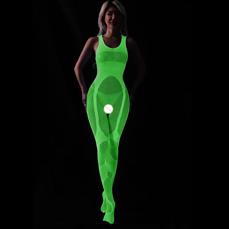 Sexy Hollow Out Luminous Bodysuit Sexy Lingerie See Through One-piece Luminous Suspenders Mesh Clothes Fishnet Socks Dress