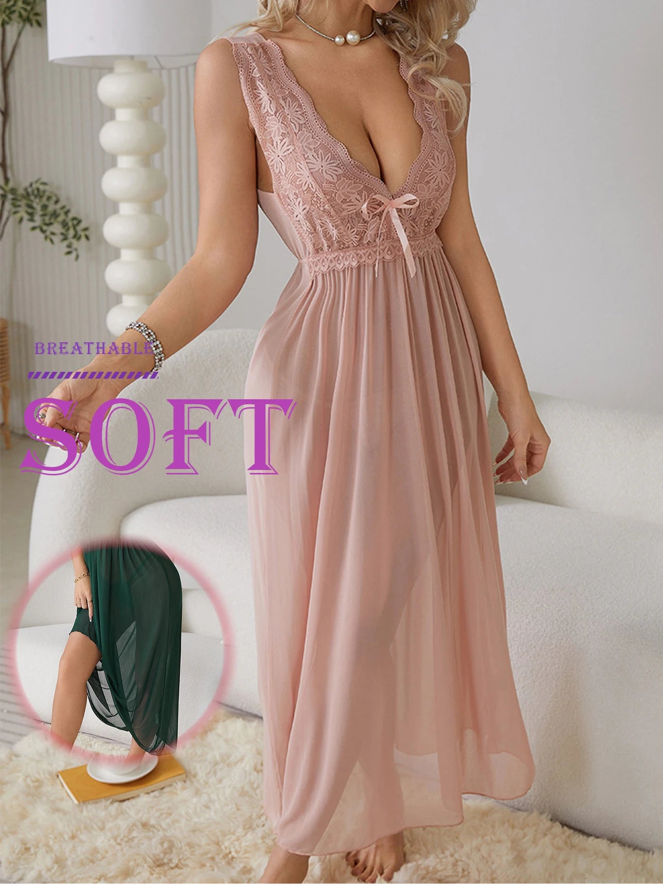 Sexy Women Lingerie Dress Set Lace Splicing Mesh Long Deep V Backless Nightgown Set Homewear All Season