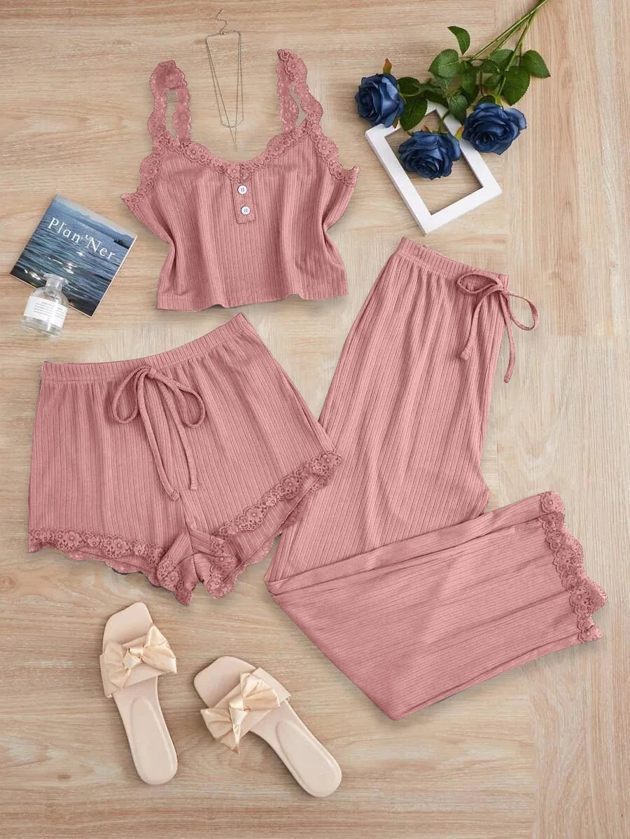 Summer 3PCS Pajama Sets for Women's Solid Vest Shorts and Pants Paired with Lace Splicing for Homewear Sexy Sleepwear Sets
