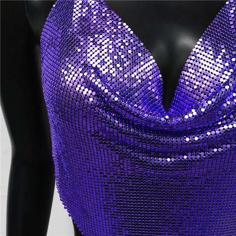 Sexy Metal Sequins 2 Piece Set Women Sleeveless Deep V Neck Backless Halter Tank Tops Split Mini Skirts Beach Party Outfits