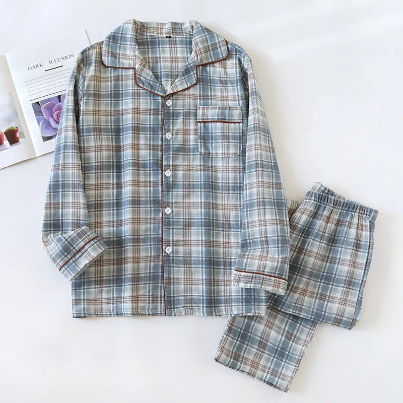 2026 Japanese New Men's Pajama Set Spring/Summer Checkered Simple Long sleeved Two Piece Set 100%Cotton Cardigan Home Furnishing
