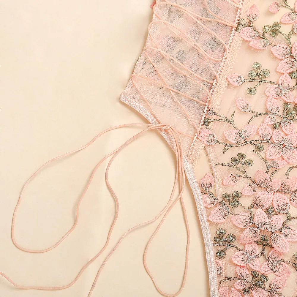 Bandage Floral Embroidery Bodysuit Women Lace Up Bandage Bodies Sexy Sleeveless Bodycon Transparent Lingerie Mesh Bodysuits Top
