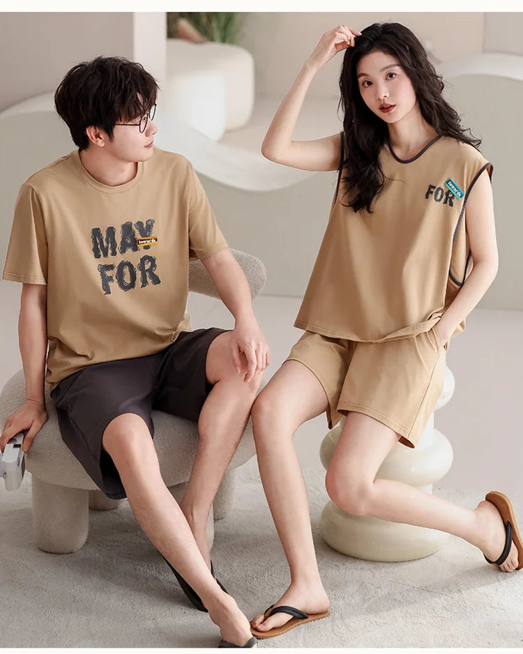 Couple Pajama Set Summer 100% Cotton Pyjamas Men and Women Sleeveless Pijamas