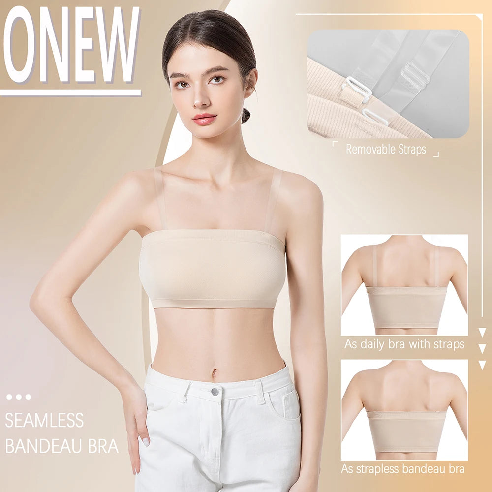 Women Tube Strapless Bra Chest Wrap Bandeau Unlined Seamless Breathable Comfortable Underwear Tops with Clear Straps