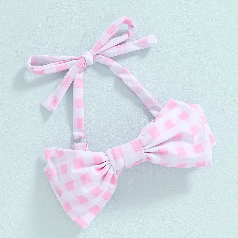 Citgeett Summer Kids Girls Bikini Outfits Set Flower Plaid Print Sleeveless Bow Bikini Tops Shorts Swimsuit Clothes