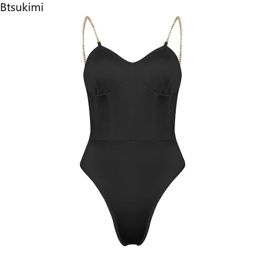 2026 Bodysuit Female Short Jumpsuit Lingerie Black White Elegant Coquette Chic Sexy Fashion Chain Backless Camisoles One-pieces