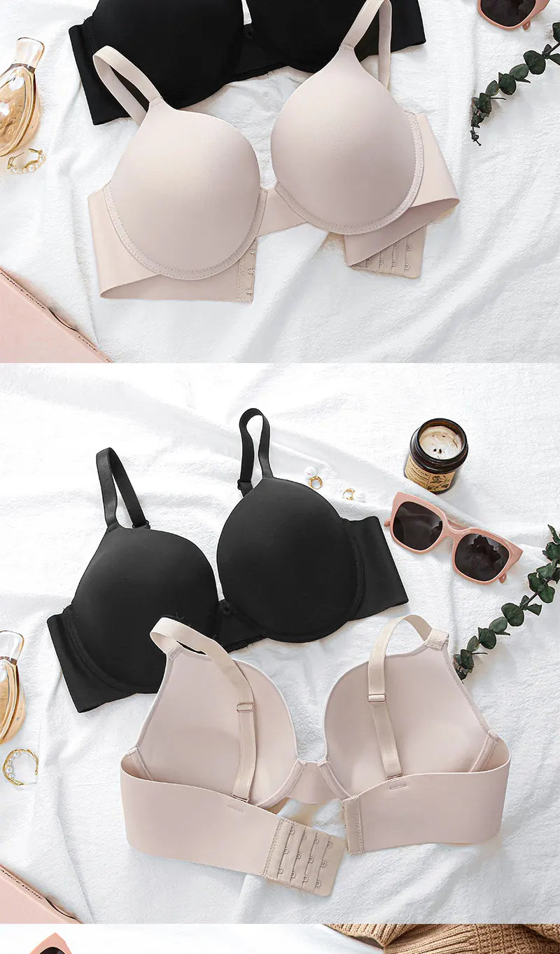 2Pcs/Set Comfortable Adjustable Push Up Bra Shockproof Lingerie Wireless Deep V Bra Anti-sagging Brassiere for Women Summer Bras