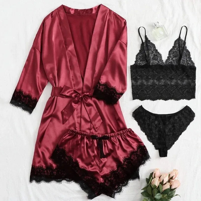 4PCS Satin Pajama Set with Robe - Lace Trim Cami Top & Shorts, The Viral Must-Have Elegant Loungewear for Women's Sleepwear