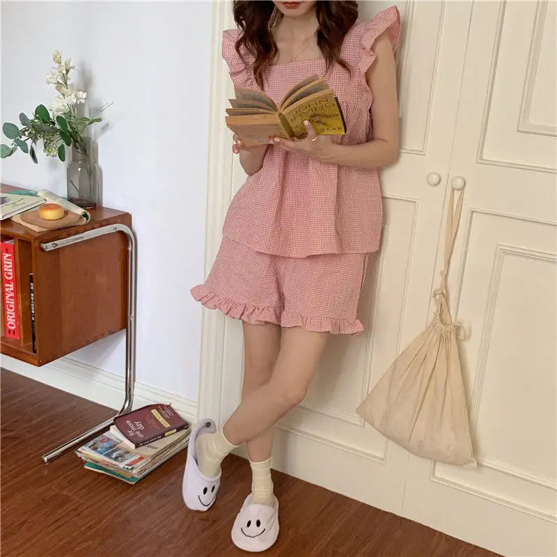 Pajama Sets Women Chic Square Collar Sweet Sleeveless All-match Home Plaid Cozy Sleepwear Korean Style Casual Summer Loose New