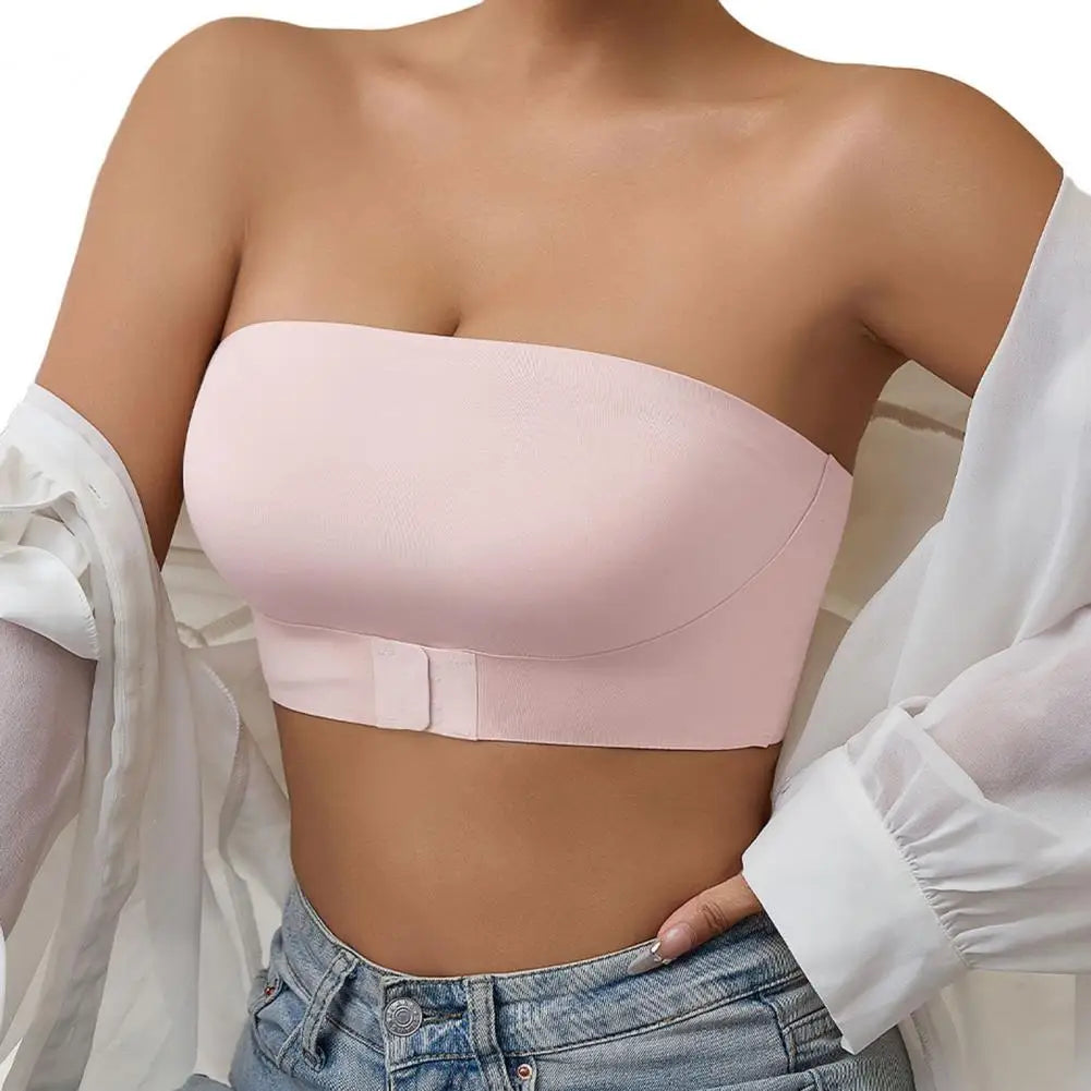 FrontWomens Strapless Bra Bandeau Closure Strapless Bra for Women Non-Slip Wireless Bandeau Bra Seamless Padded Tube Top