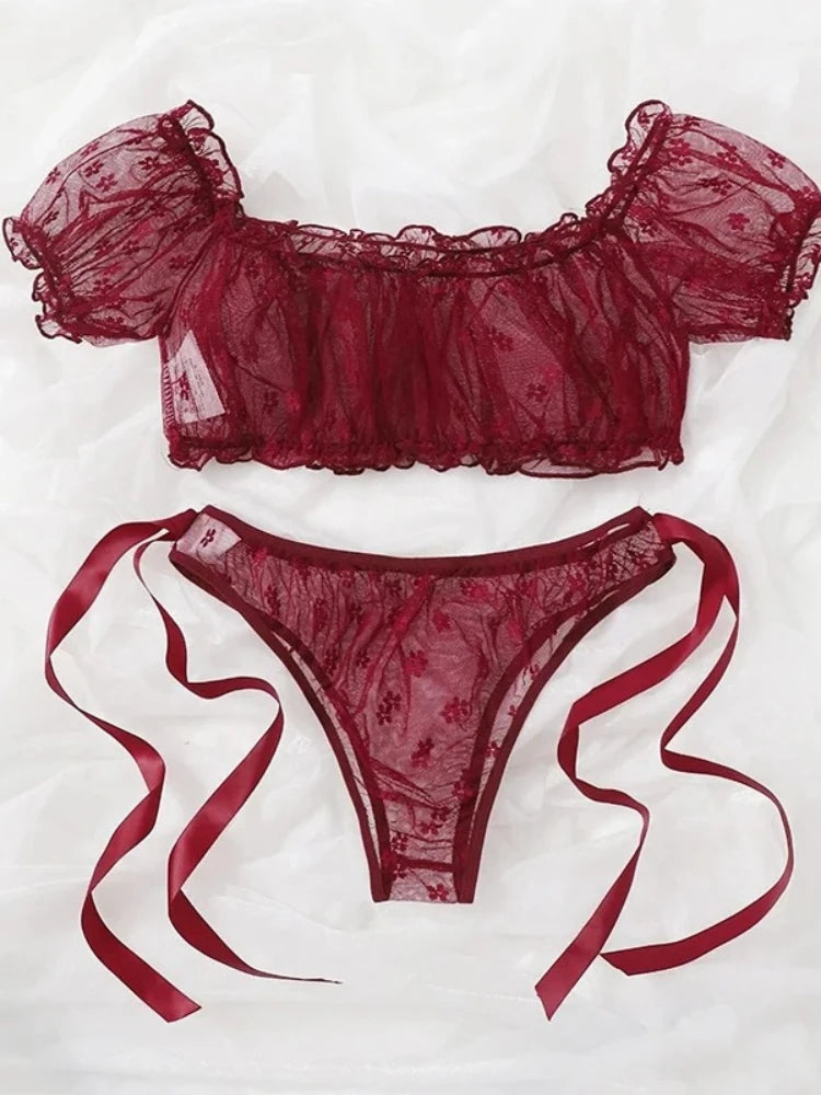 Sensual Lingerie Woman Sexy Bra Set See Through Exotic Sets Babydoll Lingerie Floral Off Shoulder Bralette Ruffle Sexy Underwear