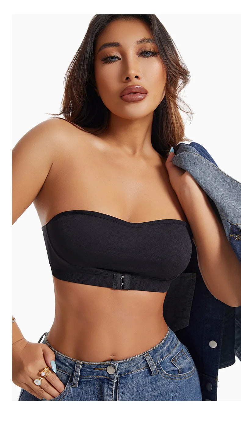 Daily Strapless and Wireless Women's Front Button Bra, Seamless Chest pad Comfortable Push-up Trendy Solid Color Lingerie