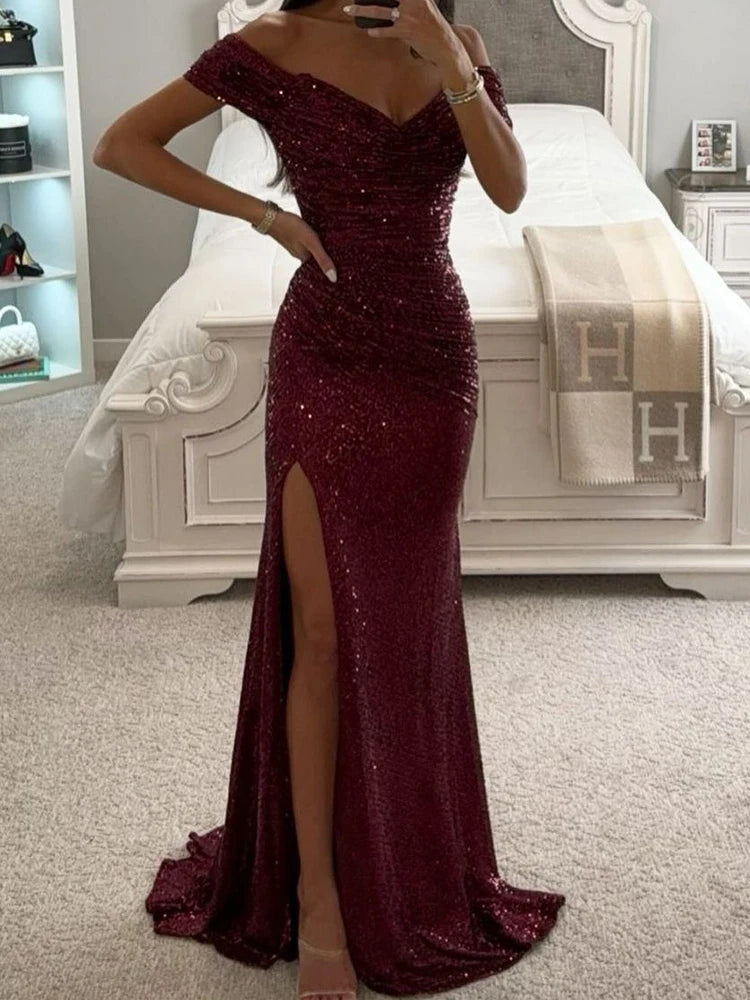 Sequin Long Dresses Women Sexy Off Shoulder Evening Dress Ladies Elegant Fashion Slash Neck Prom Female High Split Gown Vestidos