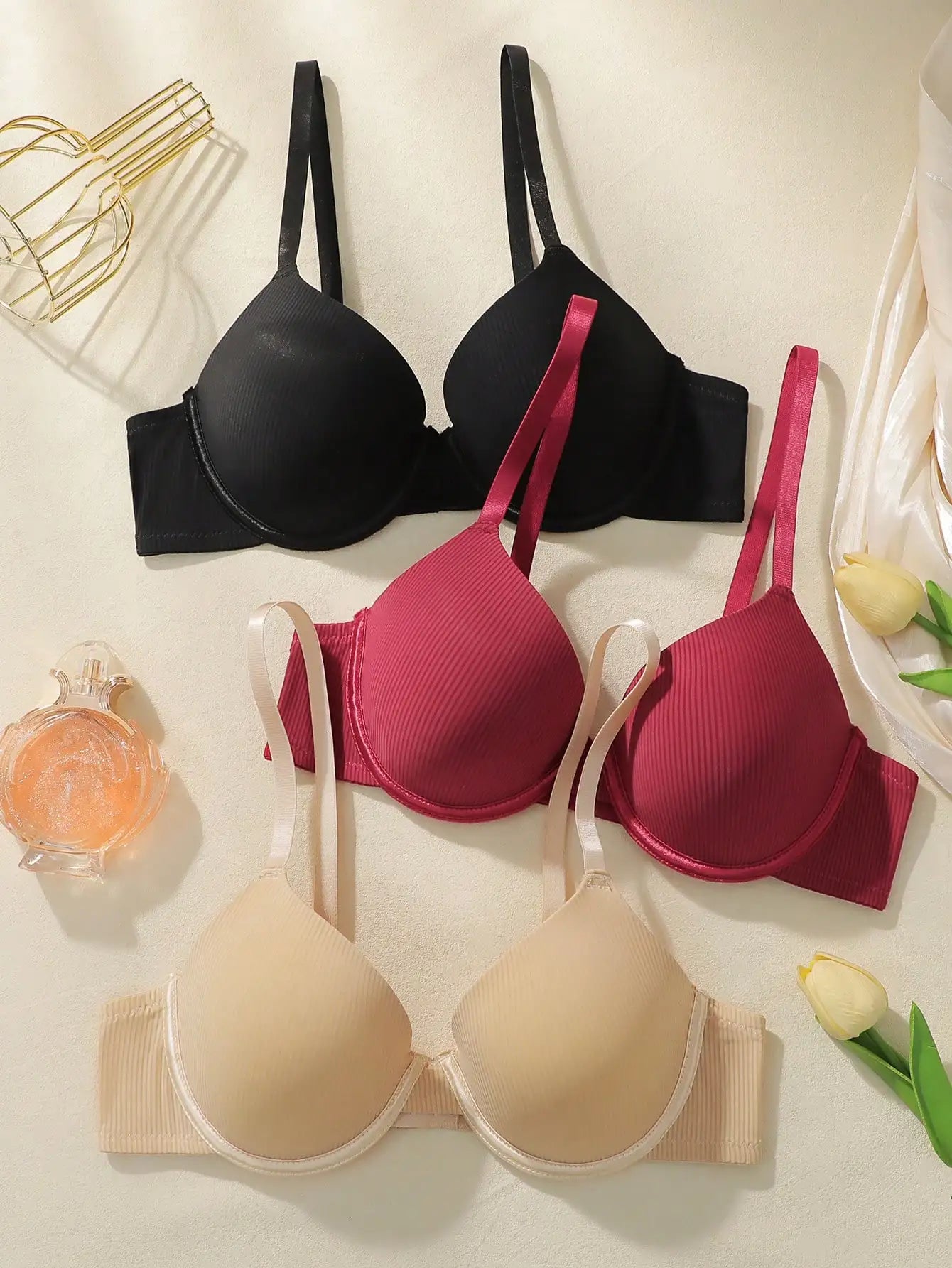 3-Pack Women's Solid Color Underwire Bras Full Coverage T-Shirt Bra with Comfortable Padded  Everyday Wear Soft Lingerie 70B-85B