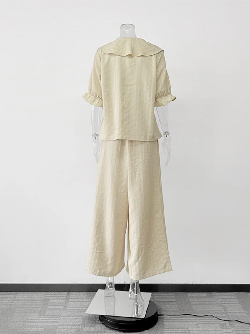 Women Linen Pajama 2 Piece Set Short Sleeve Front Ruffle Shirt PJs Pants Lounge Cute Sleepwear Casual Homewear Set