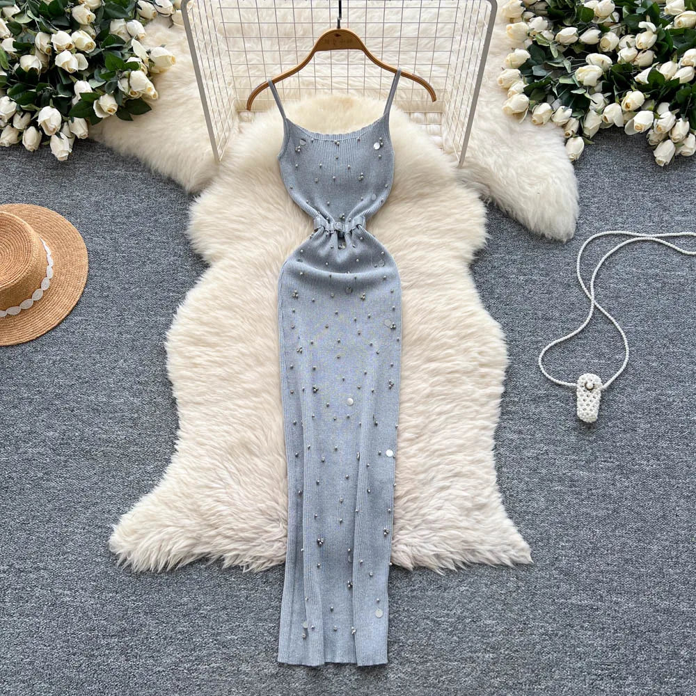 Sexy Knitting Split Long Dress Sleeveless Sequins Diamonds With Sashes Skinny Sundress 2025 Fashion Women Summer Dress