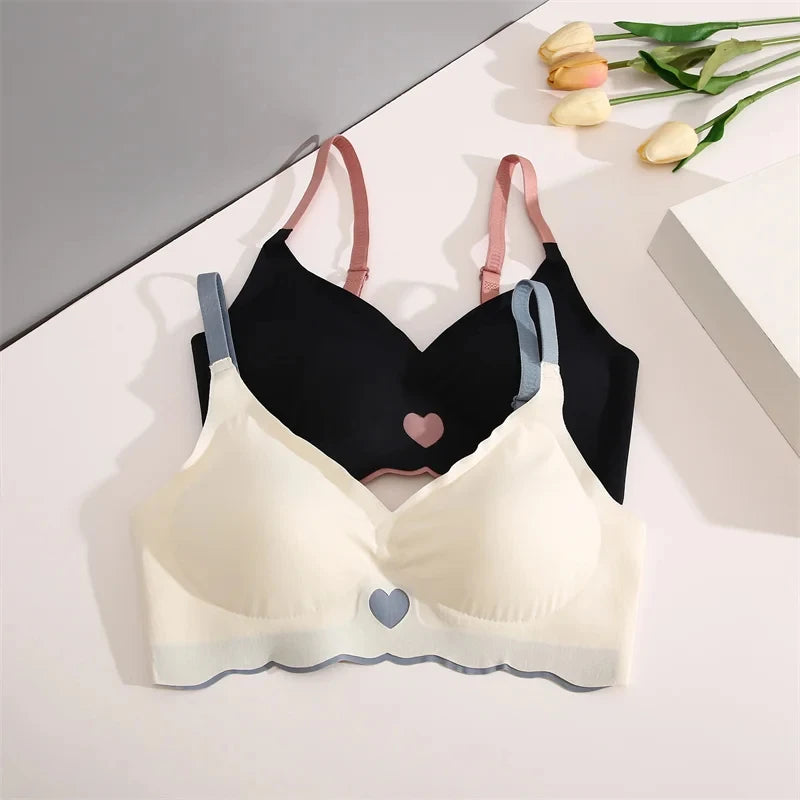 Sexy Push Up Bras For Women Love Heart Pattern Brassiere Deep V Neck Cute Underwear Female Seamless Wireless Soft Lingerie