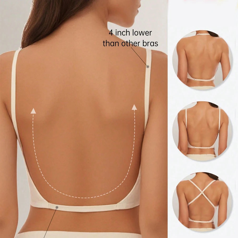 Women Invisible Bra Deep U Plunge Backless Bras Top for Dresses Removeable Padded Push Up Seamless Underwear Bra