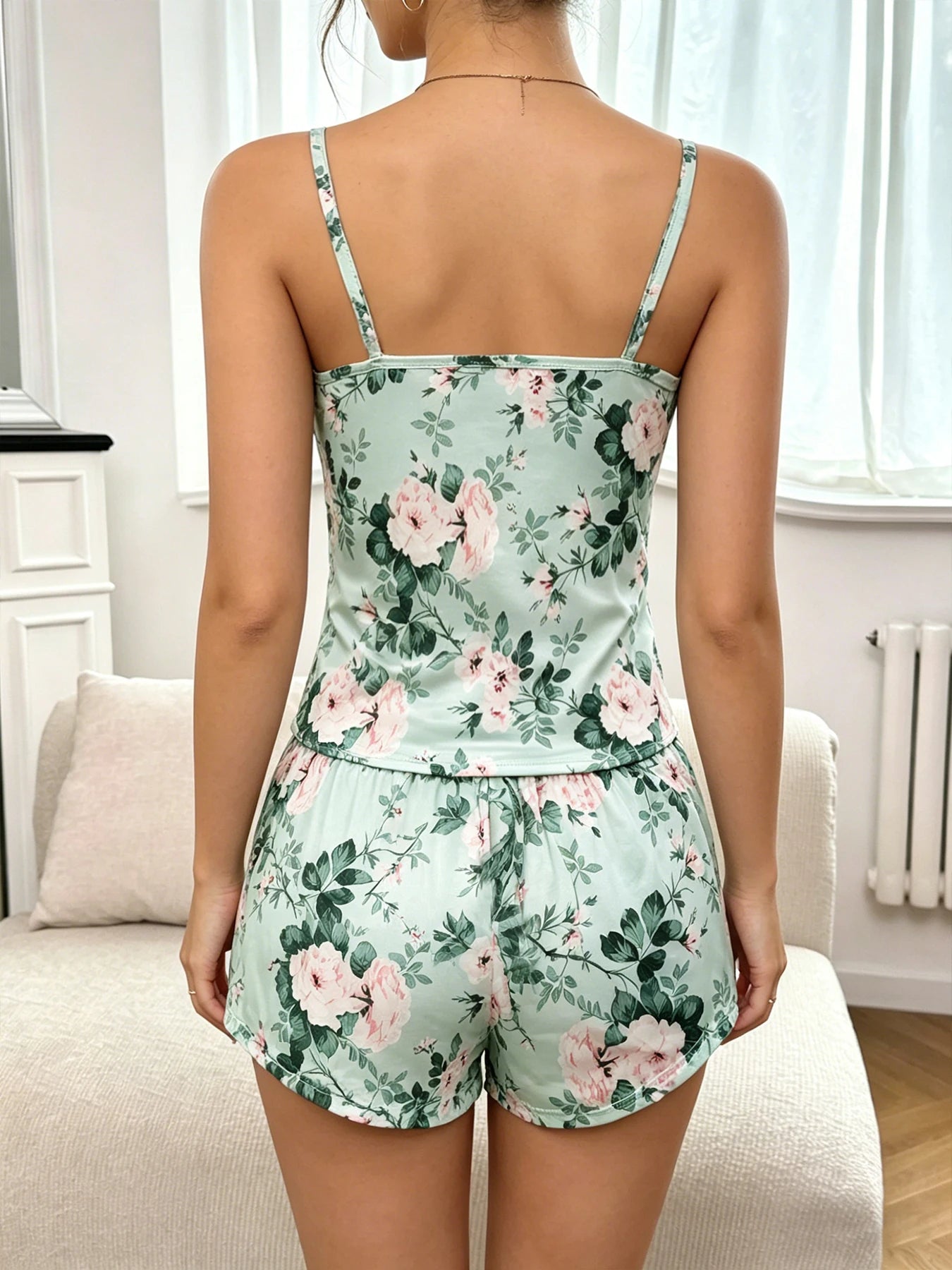 Pajamas Set for Women Breathable Cherry & flower Print Sleepwear Comfy Camisole Top and Shorts Pyjama Home Loungewear for Ladies