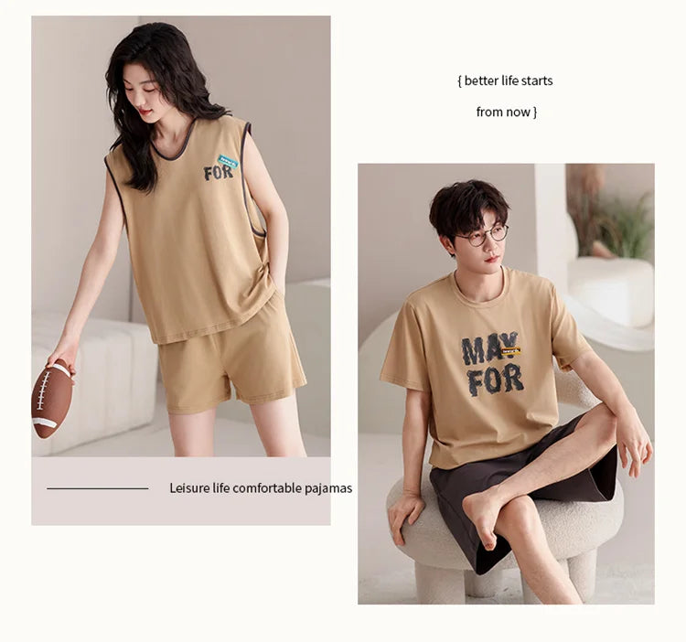 Couple Pajama Set Summer 100% Cotton Pyjamas Men and Women Sleeveless Pijamas