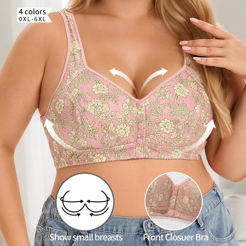 plus Size Front Closure Wireless Floral Print Bra Full Coverage Comfortable Support Bralette for Women Wide Band Everyday Wear