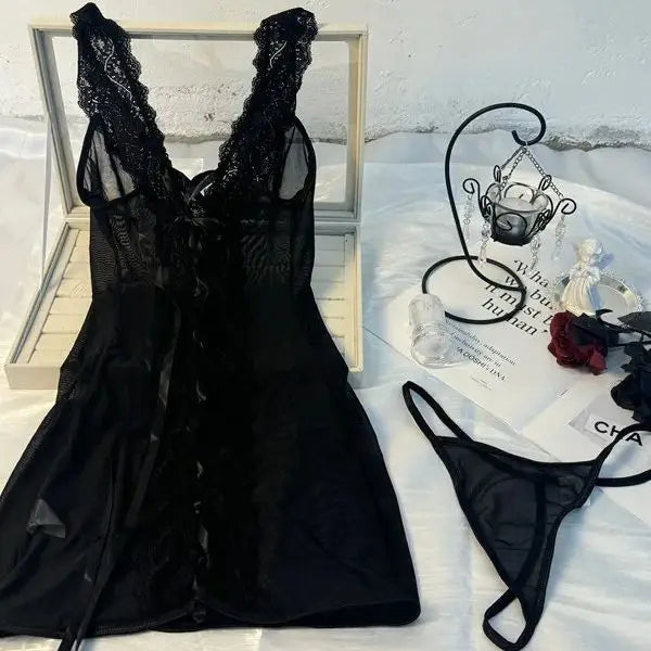 MIRABELLE Backless Sheer Lace Babydoll Dress Sexy Cutout Tie Détails See through Lingerie Transparent Nightwear Erotic Lace up D