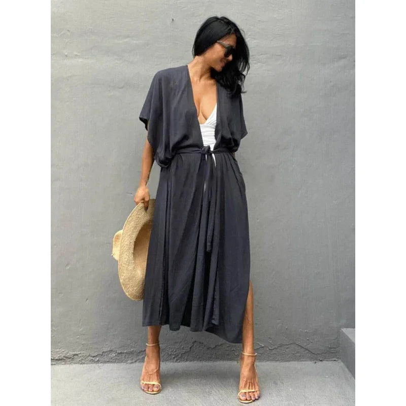 Swimsuit Cover Ups for Women Beach Cape Tunic Kimono Summer Belted Split Wrap Dresses Pareo Holiday Bathing Suits Factory Supply