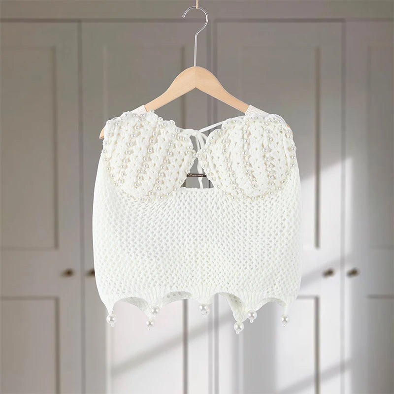 Sexy Crochet Hollow Out Pearl Skirt Set Women White Crop Bikini Tops Slim Hip Package Skirts 2026 Spring Lady Beach Outfits New