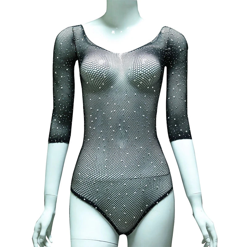Hot Sexy Lingerie Women Crystal Diamonds Bodysuit Off Shoulder O Neck Y2k Tops Teddy Body Suits Long Sleeve Mesh Slim Bodysuits