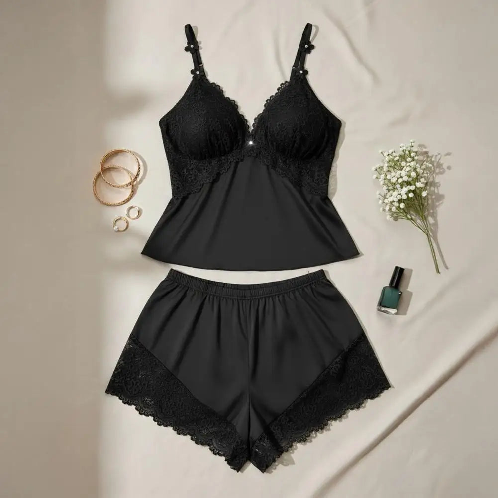 Women Plus Size Pajamas Set Sexy Lace Trim Cami Sleeveless Top And Shorts Nightwear Set Two-Piece Camisole Lounge Sleepwear Set