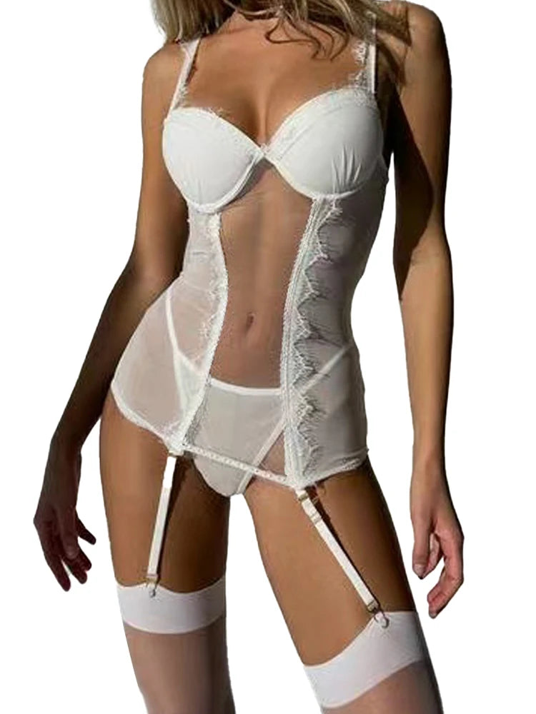 Women Lingerie Set White Bustier Corset Sexy Girdle Waist Cincher With Thong Sexy Perspective White Erotic Underwear Baby Doll