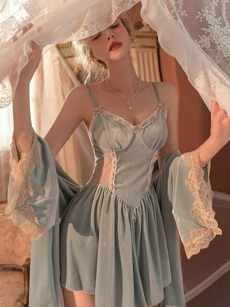 Women Robe Nightwear Lace French Nightgown Sleepwear Hollow out velvet camisole Lingerie Robe 2022 Spring Autumn Set Sexy Sweet