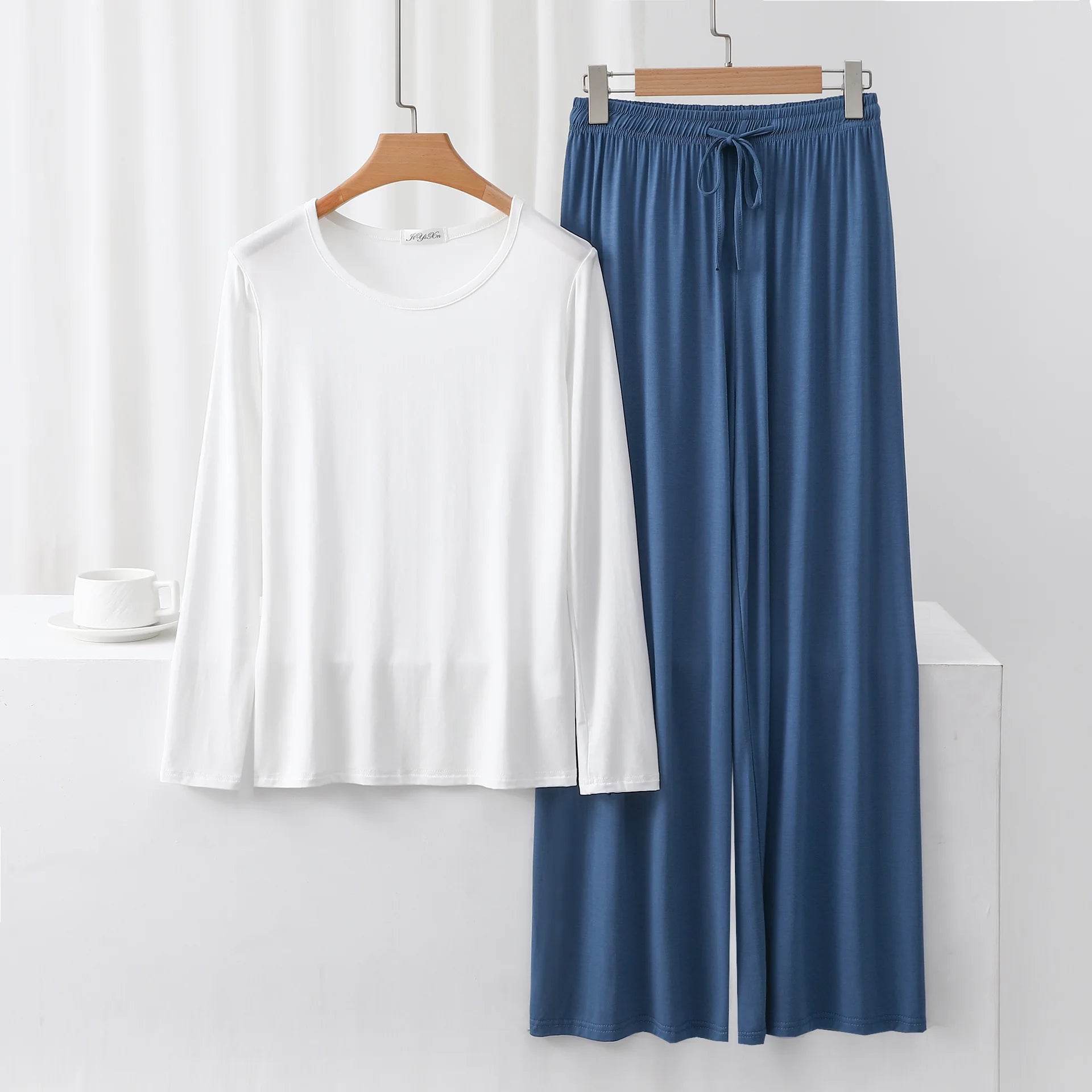 Modal Pajama Sets 2 Piece O-Neck Long sleeved Tshirt and Wide Leg Pant Ankle Length Loose sleepwear set Comfort homewear suits