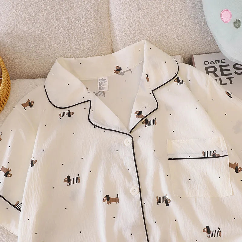 Pajama for Women Short Sleeves with High Luxury Feel Suitable for Outerwear Home Clothing Set Nightwear Homewear Small Dog Print