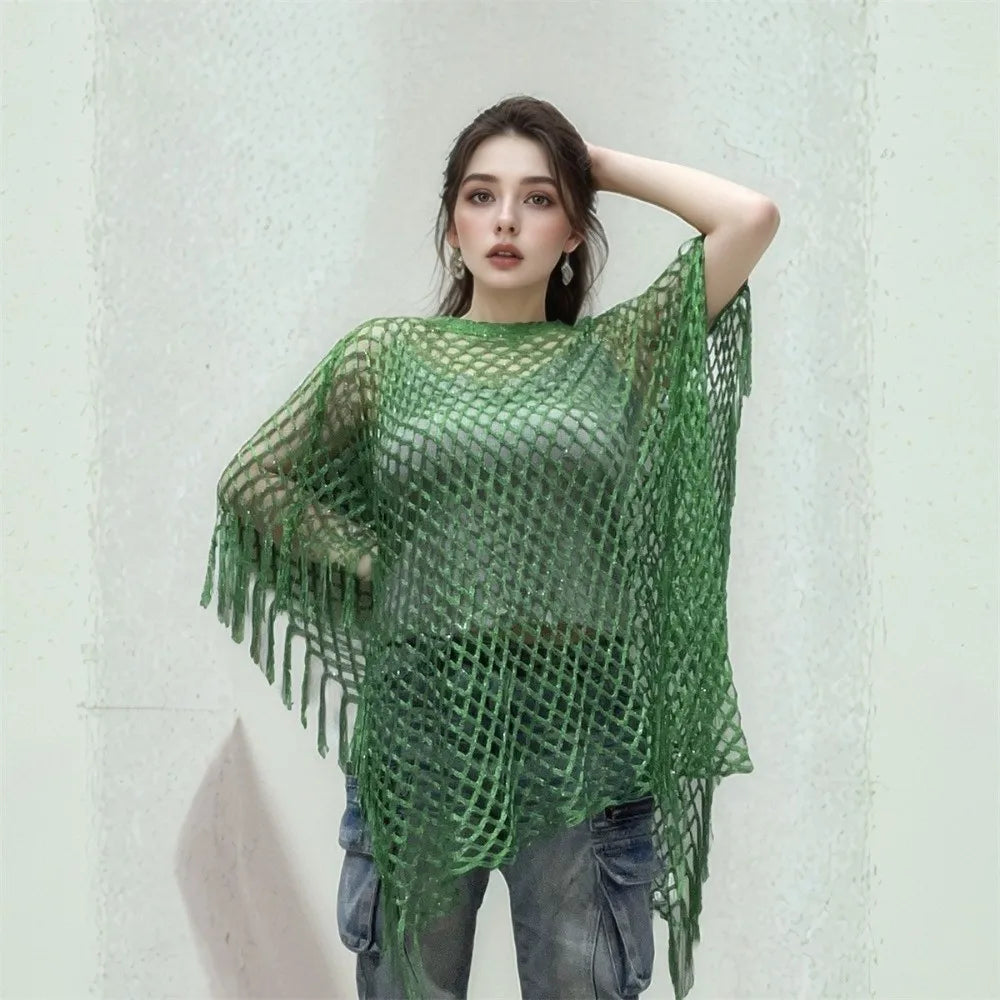 Fashion Tassel Sunscreen Cover-up Loose Fit Plus Size Bohemian Shawl Casual Crochet Fishnet Swimsuit Cover Up Summer