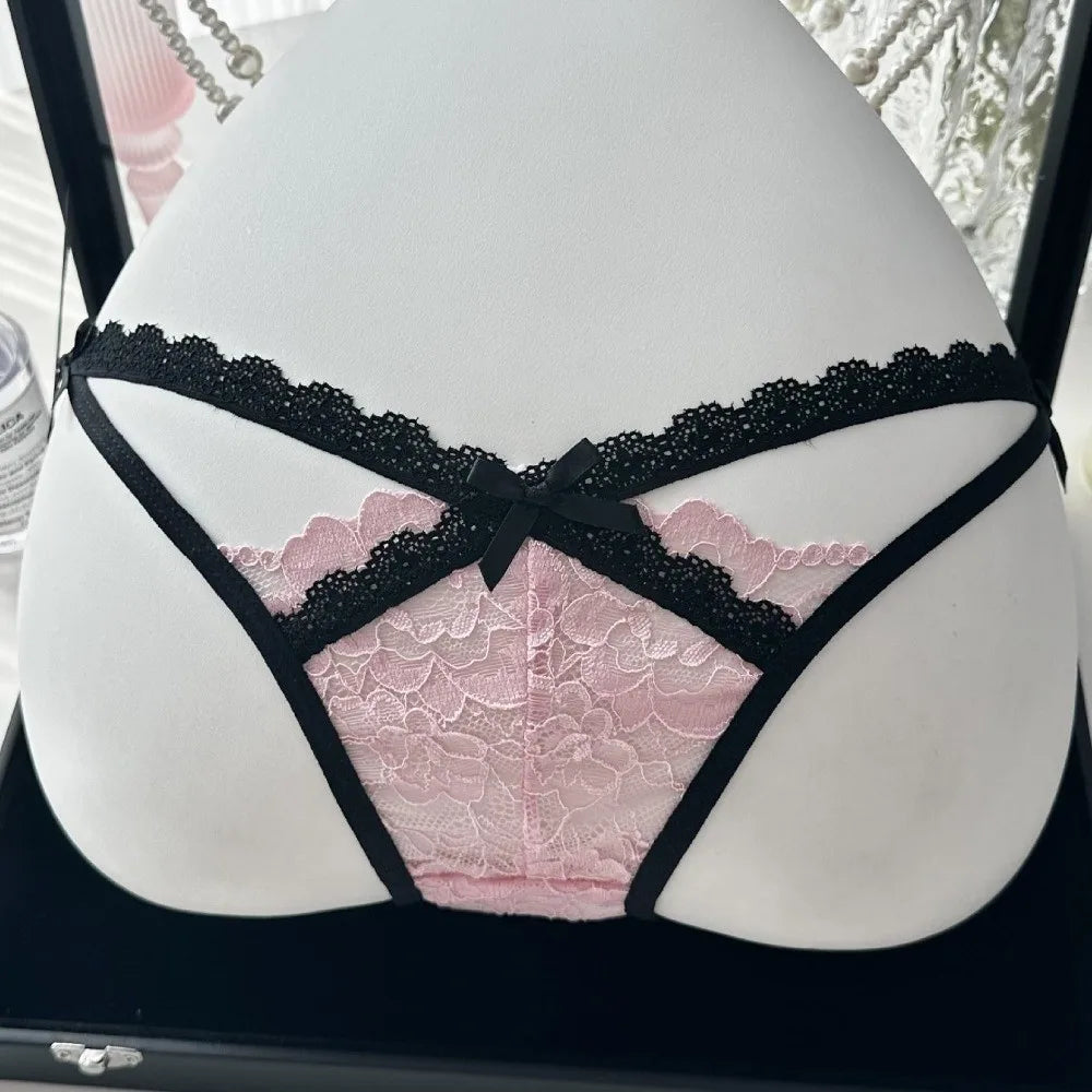 Lingerie Bow Lace Flower Panties Seamless Mid Waist French Style Briefs Hollow Transparent Lace Mesh Briefs Lady