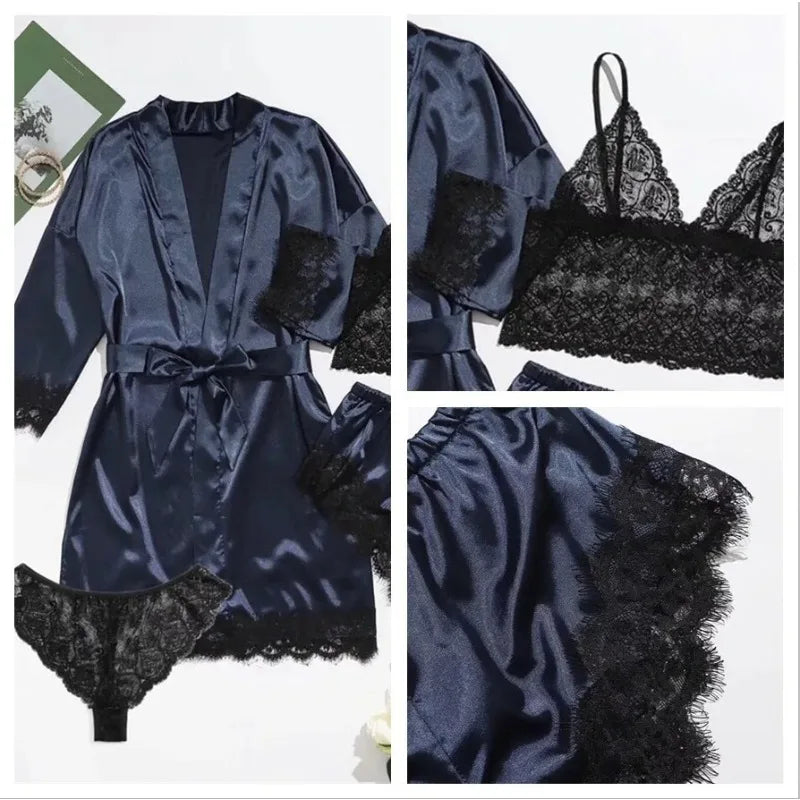 4PCS Satin Pajama Set with Robe - Lace Trim Cami Top & Shorts, The Viral Must-Have Elegant Loungewear for Women's Sleepwear