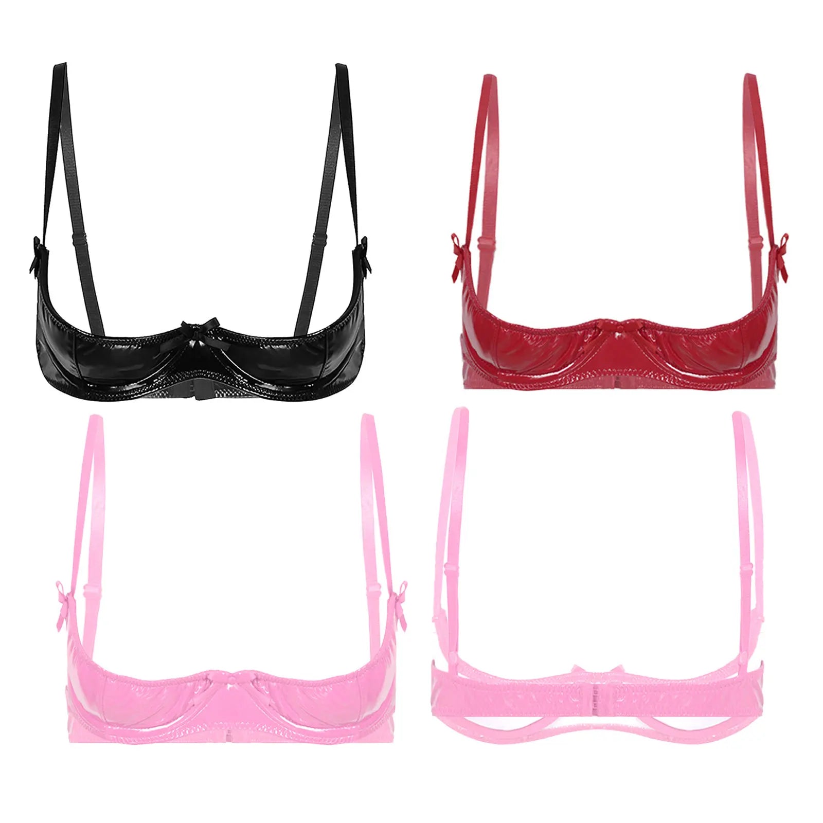 Women Wet Look 1/4 Cup Bra Underwired Push Up Bralette Lingerie Glossy Patent Leather PVC Balconette Open Breast Cup Bra Top