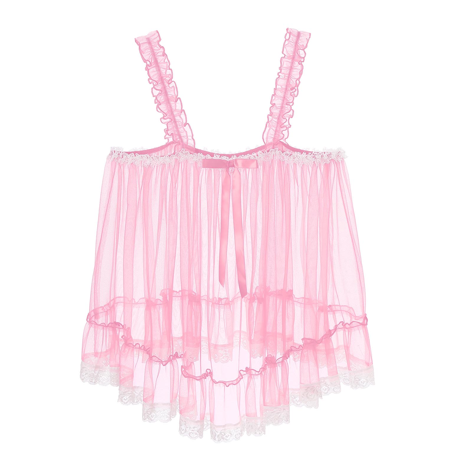 Womens Sexy See-Through Babydolls Sheer Mesh Top Ruffle Straps Bow Lace Trim Camisole Tops Lingerie Tempting Nightwear Clubwear