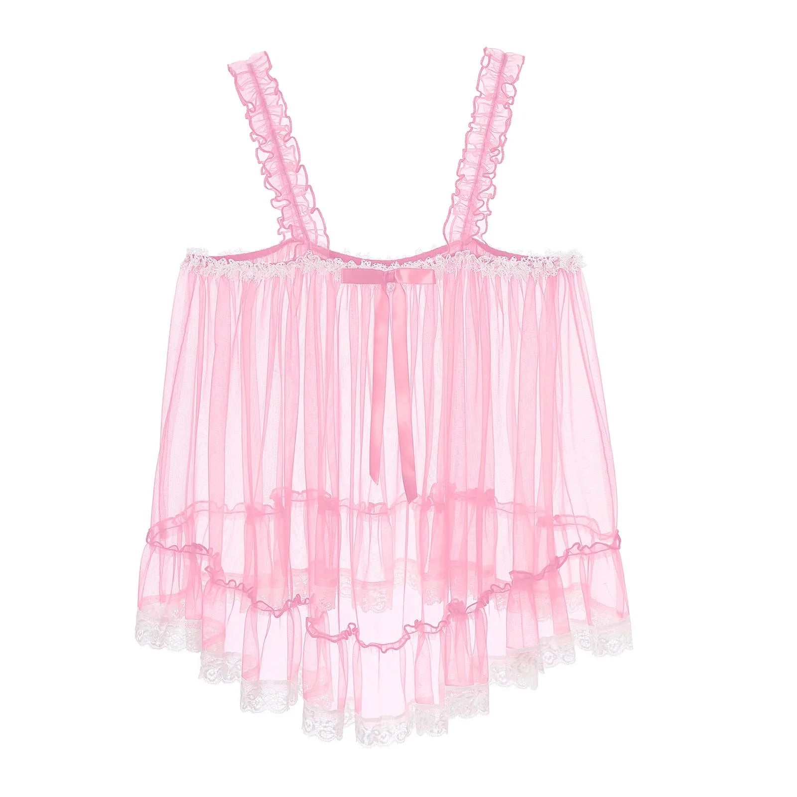 Womens Sexy See-Through Babydolls Sheer Mesh Top Ruffle Straps Bow Lace Trim Camisole Tops Lingerie Tempting Nightwear Clubwear