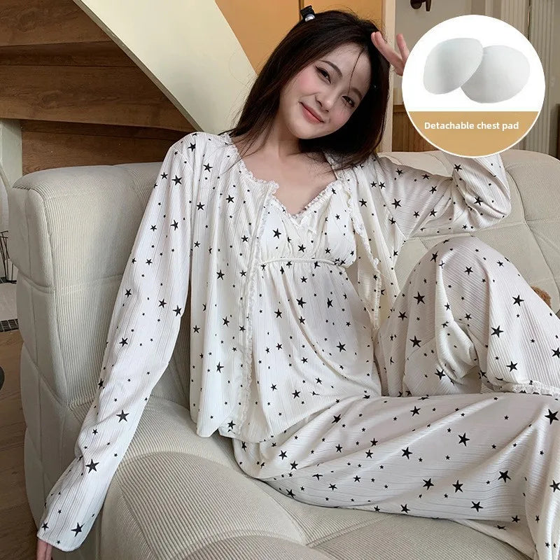 Pajama Three-Piece Set with Chest Pads Loungewear Sexy Long Sleeve Trousers Set Plus Size Nightwear Women Sling Sleepwear