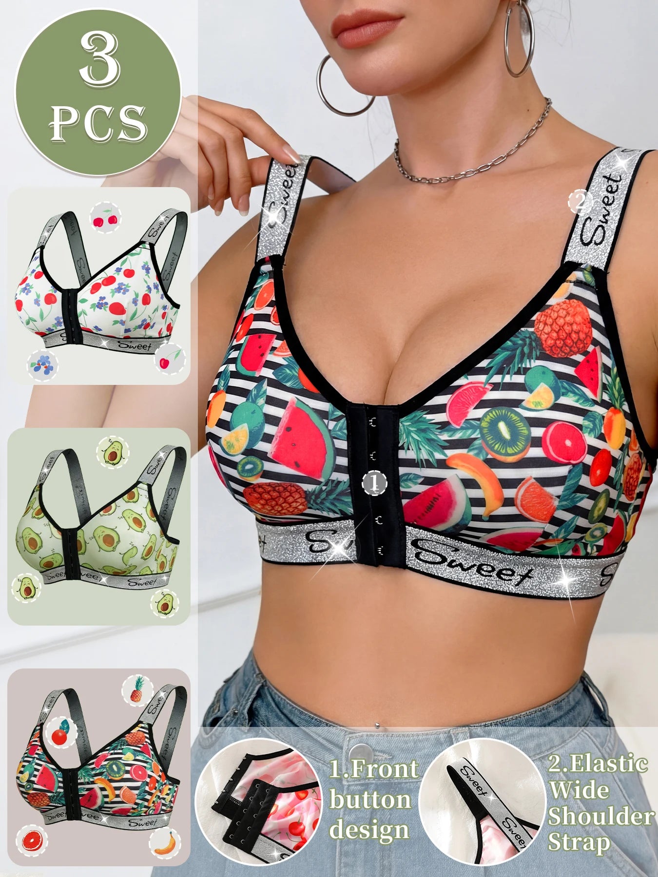 3 Pack Women's Wireless Bra, Mixed Fruit Print Front Closure Shiny Trim Comfort Bralette