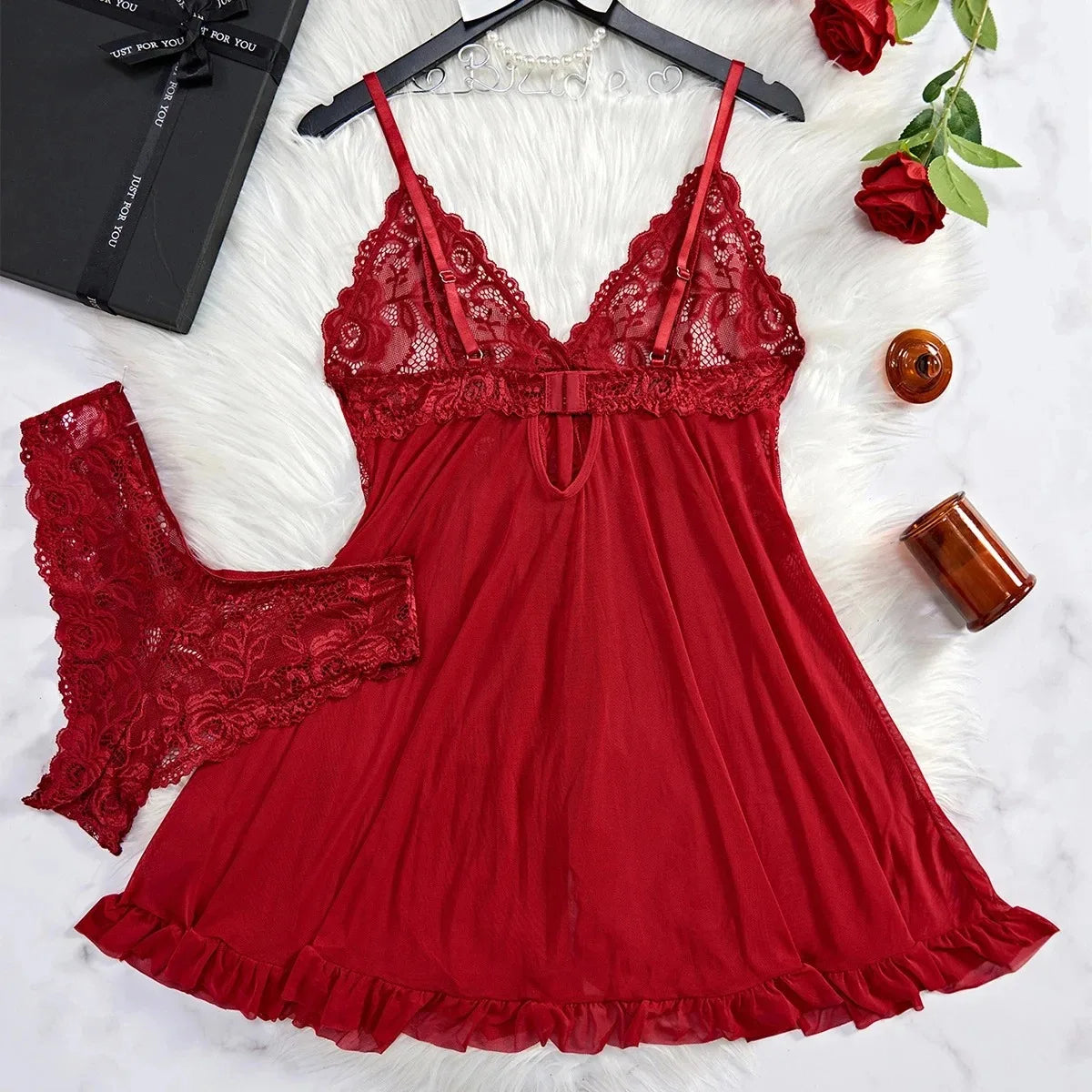 Sexy Lingerie Set Women Erotic Bra Nightdress Sexy Lace Sleepwear Solid Slim Soft Dresses V Neck Full Slip Sleepwear & Dresses