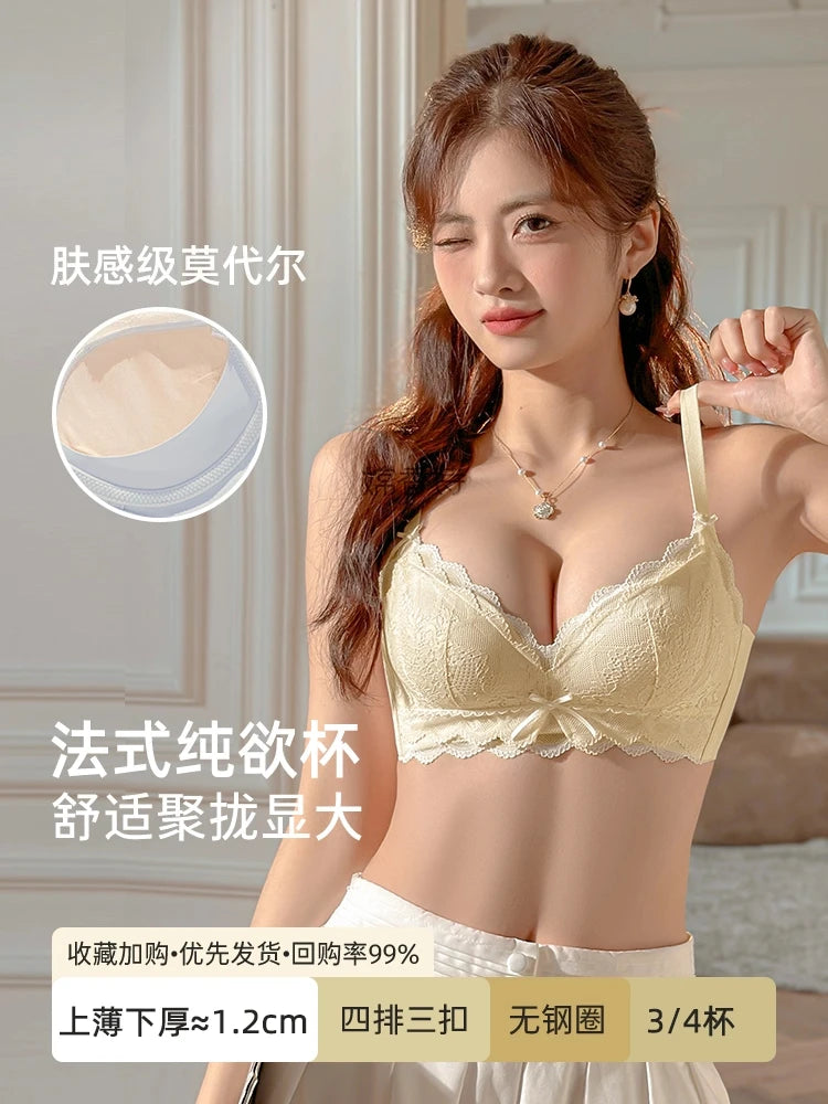 Comfortable Push Up Bra, Kawaii Japanese Lingerie for Small Breasts with Padded Inserts, Sexy Lace Bralette Enhance and Support