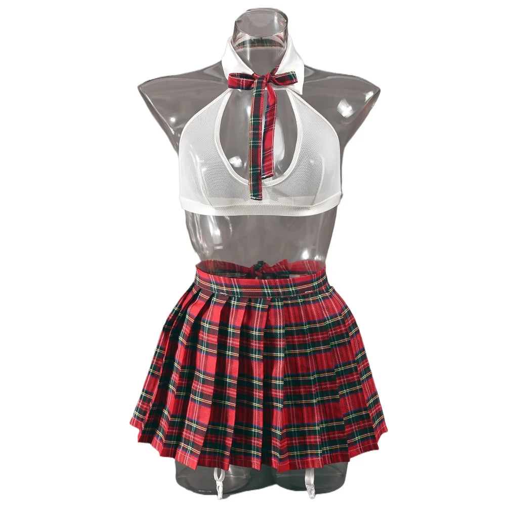 Female student lingerie set, women's plaid skirt, suspender bra, 3-piece set, role-playing game set