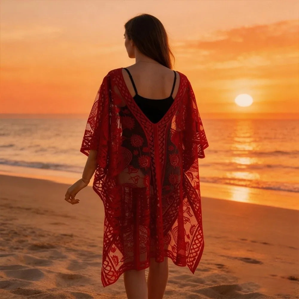 Breathable Lace Mesh Sunscreen Beach Cover Up Plus Size Casual Bohemian Shawl Floral Transparent Swimsuit Cover Up Lady