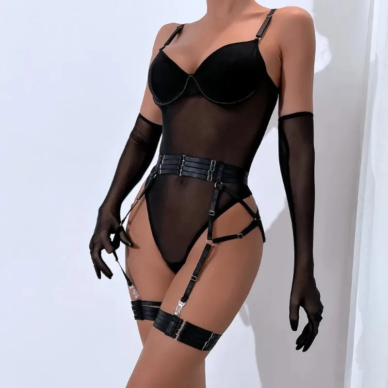 Sexy Sensual Lingerie Sets for Women See Through Mesh Lace Tight Bodysuit with Gloves Garter Exquisite Underwear Erotic Costumes