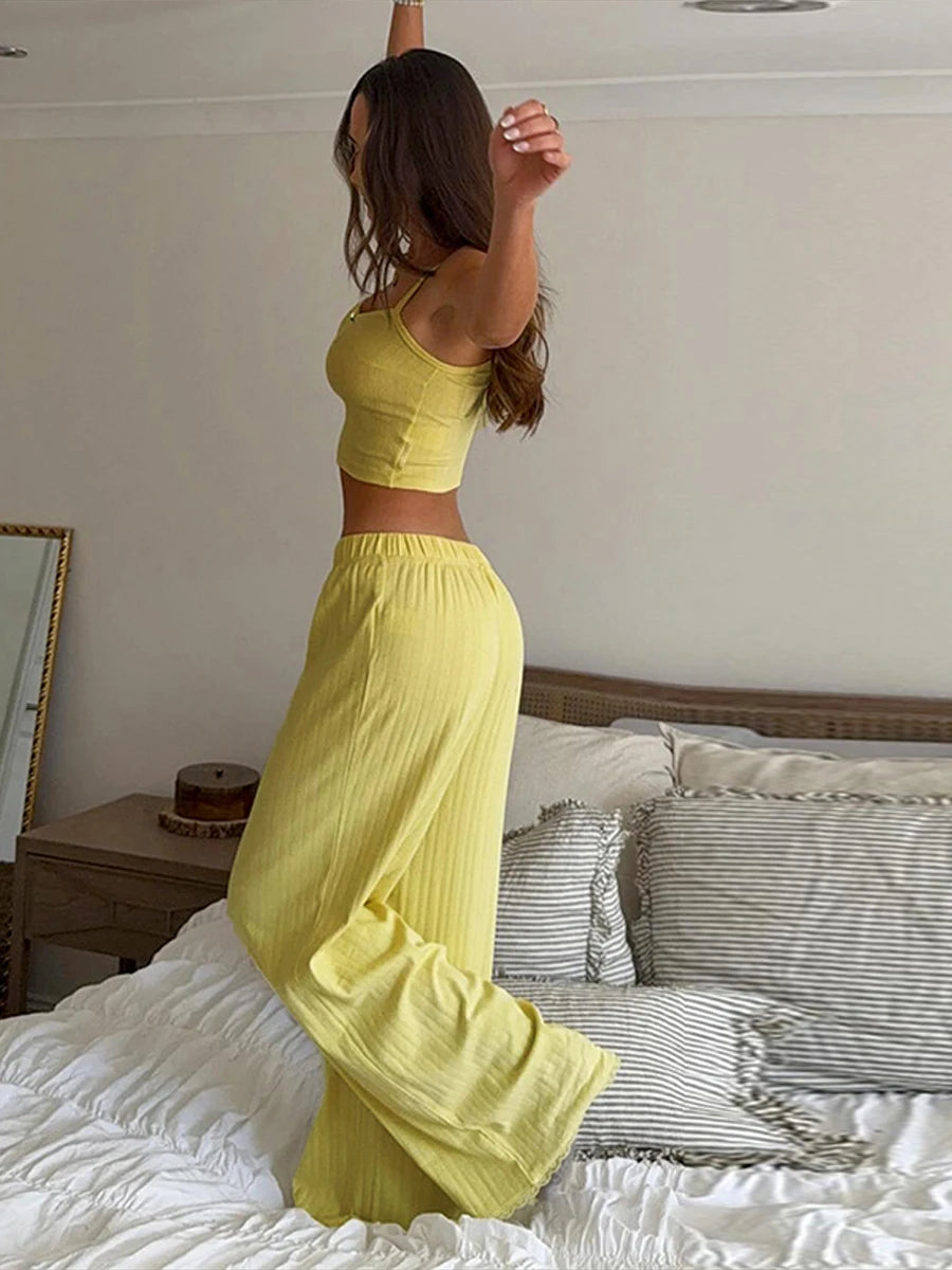 Camisole Pajama Set For Women With Long Pants Yellow Two Piece Loungewear Sleepwear For Home Casual Wear Comfortable Sexy Pajama